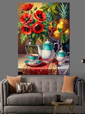 Karizma Tablo Kırmızı Güllü Vazo Resmi Dekoratif Kanvas - Mdf Ahşap Tablo