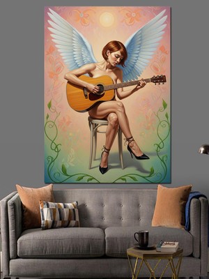 Artmeg Gitar Çalan Kanatlı Melek Dekoratif Kanvas - Mdf Ahşap Tablo