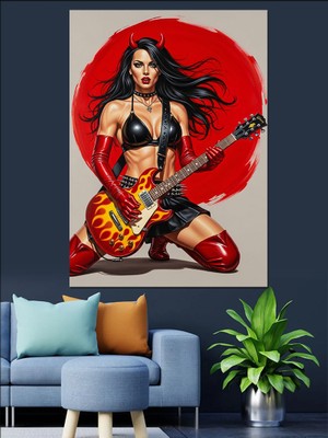 Karizma Tablo Kırmızı Gitar Çalan Kadın Dekoratif Kanvas - Mdf Ahşap Tablo