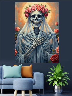 Karizma Tablo Beyaz Çiçekli Iskelet Portresi Dekoratif Kanvas - Mdf Ahşap Tablo