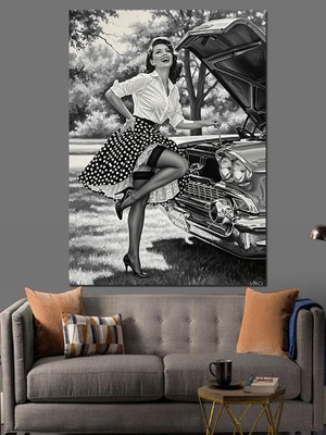 Tablomega Araba Tamiri Yapan Kadın Dekoratif Kanvas - Mdf Ahşap Tablo