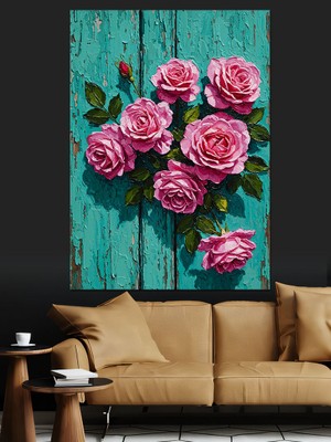 Karizma Tablo Pembe Güllü Çiçek Buketi Dekoratif Kanvas - Mdf Ahşap Tablo