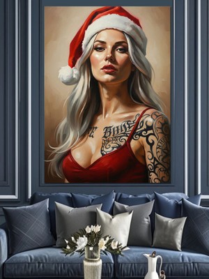 Artmeg Noel Şapkalı Dövme Kadın Dekoratif Kanvas - Mdf Ahşap Tablo