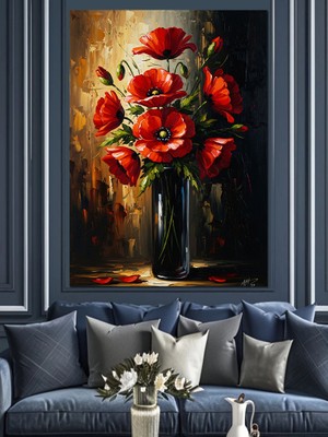 Karizma Tablo Kırmızı Gelincik Çiçekleri Vazo Dekoratif Kanvas - Mdf Ahşap Tablo