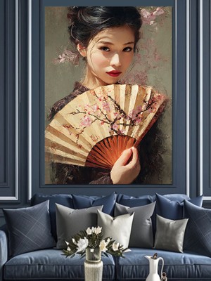 Karizma Tablo Yelpazeli Japon Kadın Portresi Dekoratif Kanvas - Mdf Ahşap Tablo