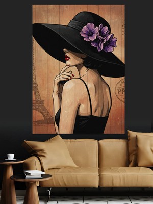 Karizma Tablo Siyah Şapkalı Kadın Sırtı Dekoratif Kanvas - Mdf Ahşap Tablo