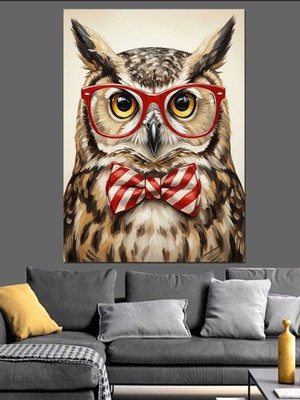 Artmeg Kırmızı Gözlüklü Baykuş Portresi Dekoratif Kanvas - Mdf Ahşap Tablo