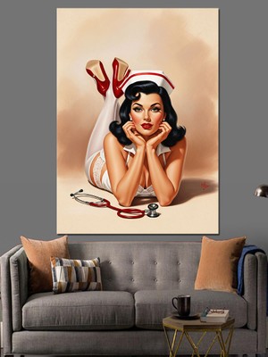 Karizma Tablo Uzanan Pin-Up Kadın Çizimi Dekoratif Kanvas - Mdf Ahşap Tablo