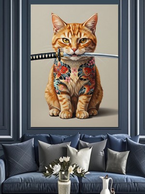 Artmeg Dövmeli Kedi Dekoratif Kanvas - Mdf Ahşap Tablo
