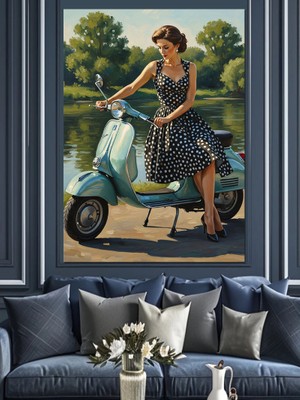 Karizma Tablo Scooter Üstünde Kadın Dekoratif Kanvas - Mdf Ahşap Tablo