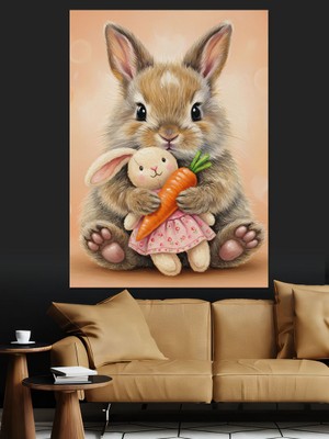 Tablomega Tavşanlar ve Havuçlar Sevimli Çizim Dekoratif Kanvas - Mdf Ahşap Tablo