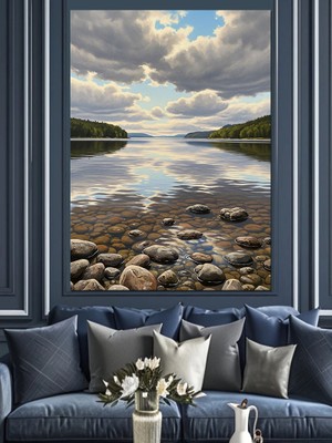 Karizma Tablo Taşlı Göl Kıyı Manzarası Dekoratif Kanvas - Mdf Ahşap Tablo
