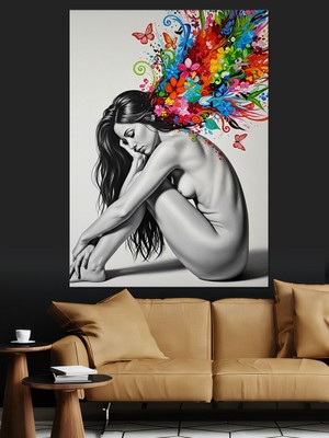 Artmeg Çiçekli Hüzünlü Kadın Portresi Dekoratif Kanvas - Mdf Ahşap Tablo