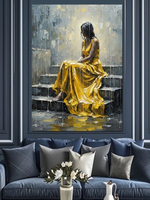 Karizma Tablo Uzun Sarı Elbiseli Kadın Dekoratif Kanvas - Mdf Ahşap Tablo