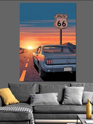 Artmeg Amerika Yolu Retro Araba Dekoratif Kanvas - Mdf Ahşap Tablo