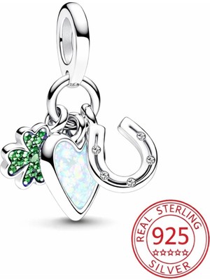 Poseidons Jewellery S925 Dört Yapraklı Yonca Kalp ve At Nalı Üçlü Sallantılı Charm
