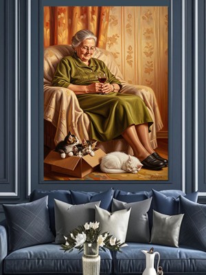 Artmeg Şarap Içen Yaşlı Kadın ve Kediler Dekoratif Kanvas - Mdf Ahşap Tablo