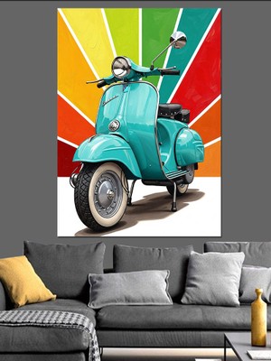 Artmeg Güneşli Vintage Mavi Scooter Dekoratif Kanvas - Mdf Ahşap Tablo