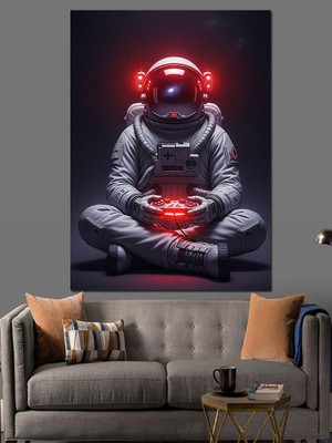 Artmeg Kırmızı Işıklı Astronot Dekoratif Kanvas - Mdf Ahşap Tablo