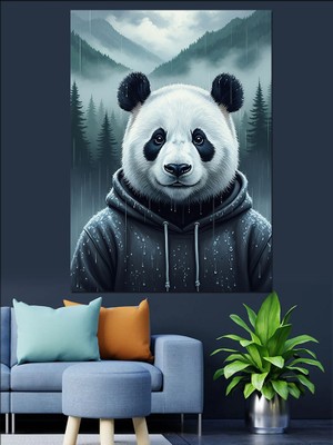 Artmeg Yağmurdaki Kapüşonlu Panda Dekoratif Kanvas - Mdf Ahşap Tablo