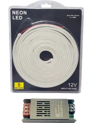 Powerr Led Aydınlatma 5 Metre 12 Volt 6X12 mm Esnek Neon LED 4000K Naturel Beyaz 5A Slim Trafo Set