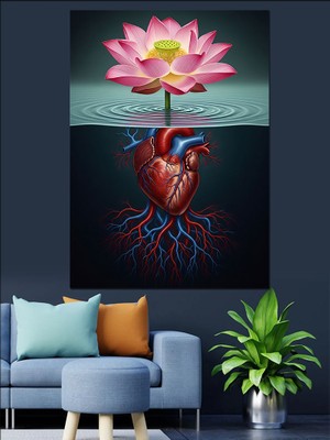 Karizma Tablo Mavi Kalp Kök Çiçek Dekoratif Kanvas - Mdf Ahşap Tablo