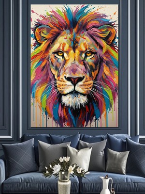 Karizma Tablo Renkli Kükreyen Aslan Portresi Dekoratif Kanvas - Mdf Ahşap Tablo