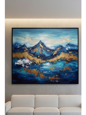 Safir Design Lüks Lacivert ve Gold Soyut Doğa Duvar Sanatı | Modern Çerçeveli Tablo