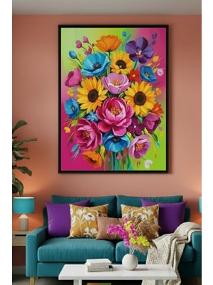 Safir Design Lüks Renkli ve Canlı Çiçek Demeti Duvar Sanatı | Modern Çerçeveli Tablo