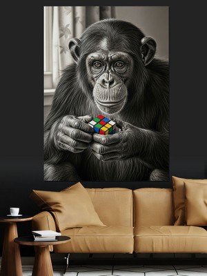 Artmeg Düşünen Şempanze Hayvan Portresi Dekoratif Kanvas - Mdf Ahşap Tablo