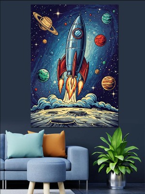 Karizma Tablo Uzaya Fırlayan Roket Illüstrasyon Dekoratif Kanvas - Mdf Ahşap Tablo