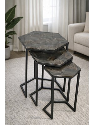 Teknor Usta Altıgen Siyah Metal Beyaz Mdf Tablalı 3lü Zigon Sehpa