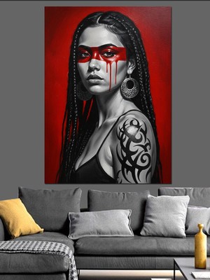 Karizma Tablo Kırmızı Makyajlı Kadın Dekoratif Kanvas - Mdf Ahşap Tablo