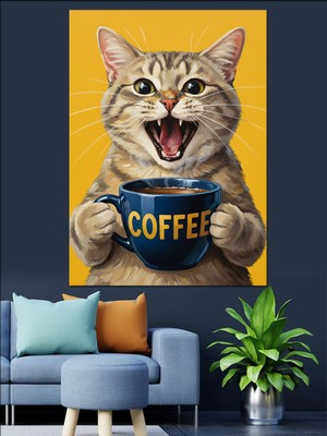Artmeg Kahve Sever Kedi Portresi Dekoratif Kanvas - Mdf Ahşap Tablo
