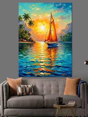 Karizma Tablo Gün Batımı Yelkenli Tekne Dekoratif Kanvas - Mdf Ahşap Tablo