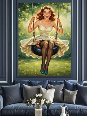 Artmeg Çekici Pin-Up Kadın Portresi Dekoratif Kanvas - Mdf Ahşap Tablo