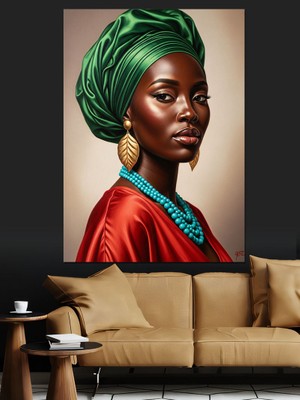 Artmeg Yeşil Türbanlı Siyah Kadın Dekoratif Kanvas - Mdf Ahşap Tablo