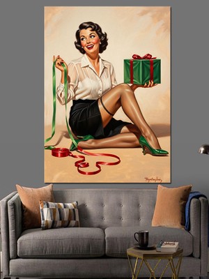 Karizma Tablo Noel Hediyeli Pin-Up Kadın Dekoratif Kanvas - Mdf Ahşap Tablo