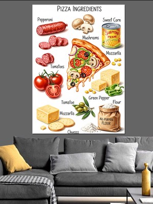 Artmeg Pizza Malzemeleri Gıda Kolajı Dekoratif Kanvas - Mdf Ahşap Tablo