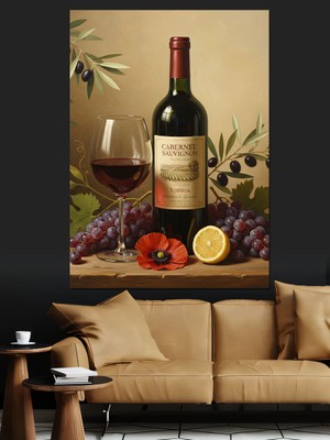 Karizma Tablo Şarap Şişesi Meyve Sepeti Dekoratif Kanvas - Mdf Ahşap Tablo