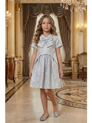 Kabarık Etekli Uzun Ceketli Kız Çocuk Gümüş Renk Abiye Takım
