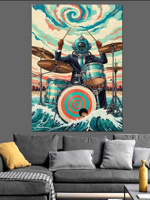 Artmeg Sualtı Bateri Çalan Dalgıç  Dekoratif Kanvas - Mdf Ahşap Tablo