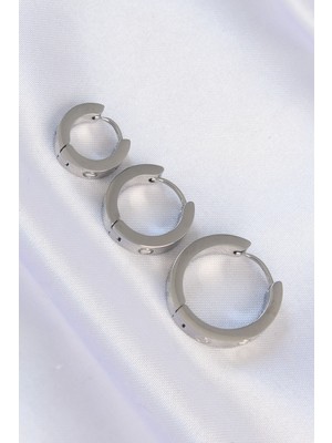 316L Çelik Gümüş Renk Model 3lü Halka Küpe - Lisinya