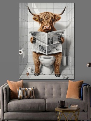 Tablomega Tuvalette Gazete Okuyan Inek Dekoratif Kanvas - Mdf Ahşap Tablo