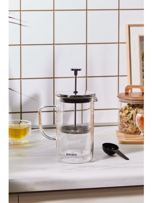 PremiumPort Çift Cidarlı Cam French Press, 600 Ml, Metalik Tasarım, Hediye Seti