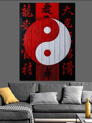 Tablomega Yin Yang Siyah Kırmızı Daire Dekoratif Kanvas - Mdf Ahşap Tablo
