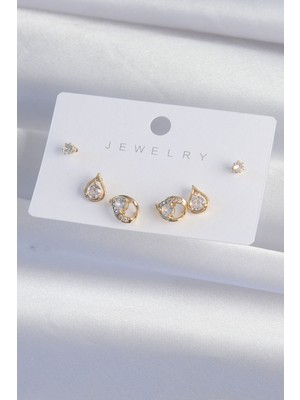 Pirinç Gold Renk Zirkon Taşlı Damla Model Küpe Seti - Lisinya