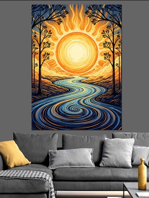 Artmeg Güneşli Manzara Ağaç Silüeti Dekoratif Kanvas - Mdf Ahşap Tablo