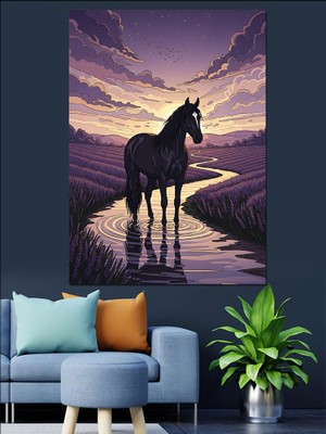 Tablomega Siyah At Nehir Kıyısı Dekoratif Kanvas - Mdf Ahşap Tablo