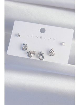 Pirinç Gümüş Renk Zirkon Taşlı Damla Model Küpe Seti - Lisinya